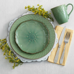 French Lace Set of 4 Green Dinner Plates
