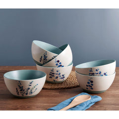 Floral Blue Set of 6 Soup Cereal Bowls, Assorted