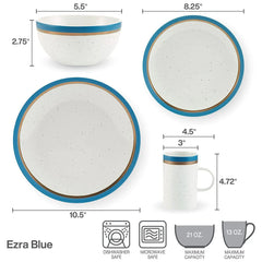 Ezra Blue 16 Piece Dinnerware Set, Service for 4